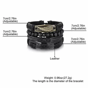 Set di bracciali in pelle nera da uomo con ciondolo a piuma in bronzo vintage