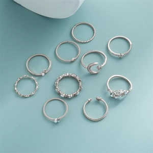 10-piece silver vintage stacking ring set with moon star leaf and rhinestone designs
