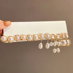 Set of 6 pairs vintage style gold pearl stud earrings with sparkling crystals for women