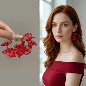 Flower Hoop Earrings Fabric Gauze Floral Petals Bead Dangle Sweet Elegant For Women With Silver Earring Post