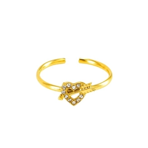 Adjustable gold cupid's arrow ring with heart-shaped white rhinestones for women