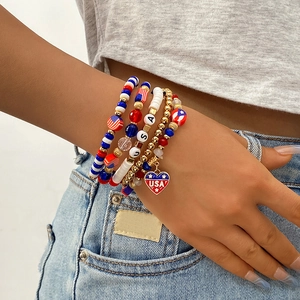 Braccialetti di Perline Patriottici Giorno Indipendenza Americana Donna Bandiera USA Argilla Polimerica Lega Lettera Gioielli