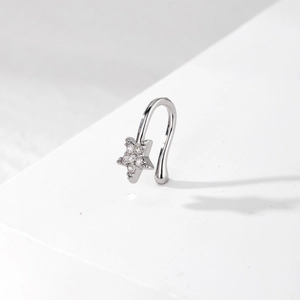 Silver star non-pierced U-shaped nose ring with sparkling paved crystals for women
