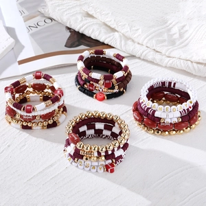 Super Bowl Game Day stacked clay bead bracelet set with rugby charms and golden accents