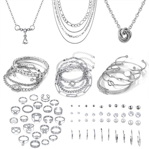 Vintage Silver Alloy Artificial Pearl Jewelry Collection Multi Layer Necklace Butterfly Heart Rings Earring Stud Bracelet Assortment