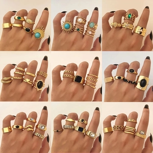 Anello Combinazione Bohemien Vintage Placcato Oro Lega Donna Turchese Strass Perla Artificial Sintetica Resina Gemma Anello Gioielli