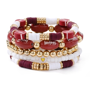 Five-piece Game Day football bracelet set with burgundy and white Heishi beads and gold accents
