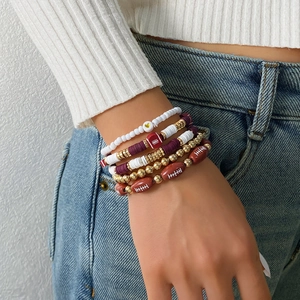 American Football Beaded Bracelet Set For Men Women Polymer Clay Heishi Beads Game Day Letter Alloy Sporty Jewelry Accessory