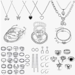 Set di Gioielli in Lega con Perle Artificiali e Strass Tonalità Argento Cuore Farfalla Ciliegia Collana Anello Orecchini Bracciale Collezione Donna