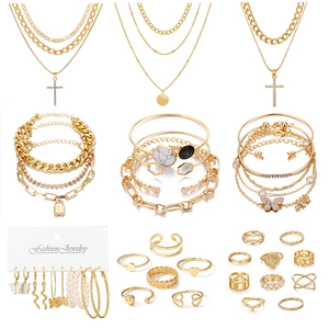 Set Gioielli Vintage Lega Oro Intarsiato Strass Collana Stratificata Orecchini Anelli Bracciale Farfalla Croce Per Donne