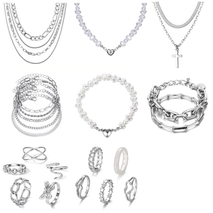 Parure de Bijoux en Alliage Plaqué Argent Vintage Künstliche Perle Collier Multicouche Croix Cœur Papillon Bracelet Bague Ensembles pour Femme