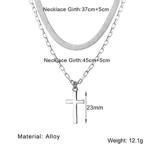 Collier double épaisseur argenté avec chaîne serpent et pendentif croix femme