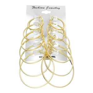 Set of 6 pairs of gold-plated hoop earrings in various sizes on a display card