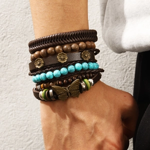 Handmade 6-piece bohemian stackable bracelet set with turquoise beads and wood accents