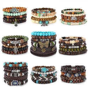 Bohemian Multilayer Braided Synthetic Leather Bracelet For Men Wood Beads Alloy Butterfly Evil Eye Charm Wristband Jewelry