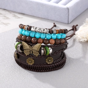 Handmade 6-piece bohemian bracelet set with wood beads, turquoise, and butterfly charms