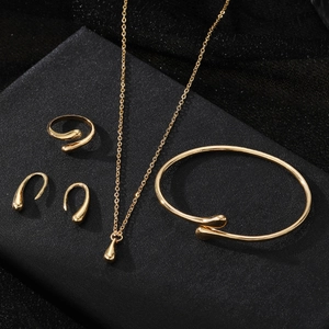 Conjunto de Joyas de Aleación de Gota de Agua Geométrica para Mujer Conjunto de Pendientes de Anillo de Pulsera de Collar de Diamantes de Imitación Chapado en Oro Plata