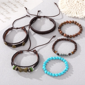 6-piece vintage handmade leather and turquoise beaded bracelet set with butterfly charms