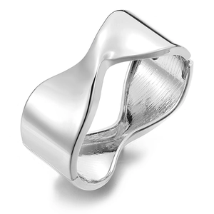 Chunky silver irregular liquid metal bangle with a polished mirror finish and hinged closure