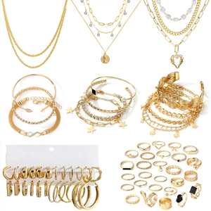 Fashion Gold Plated Alloy Jewelry Set For Women Multilayer Necklace Bracelet Earrings And Ring Set Elegant Accessory