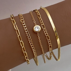 5-piece gold bracelet set featuring snake bone chain, cuban links, and zircon stone pendant