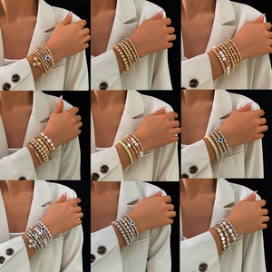 Damen Boho Perlen Armband Set Gold Silber Beschichtet Böser Blick Herz Kreuz Anhänger Elastische Schmuck