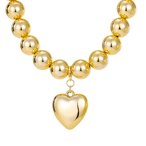 Punk style golden round bead choker necklace with a large polished heart-shaped pendant