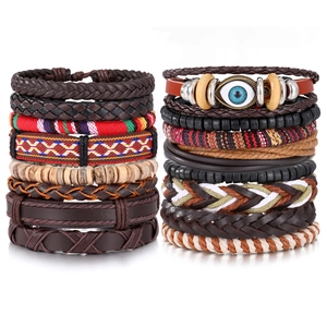 Set Pulsera de Cuero Vintage para Hombre Ojo de la Suerte Cuentas de Madera Boho Étnico Multicapa Tejido a Mano Ajustable