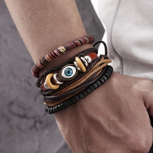 Juego de pulseras vintage para hombre con tiras de cuero, ancla y cuentas de madera