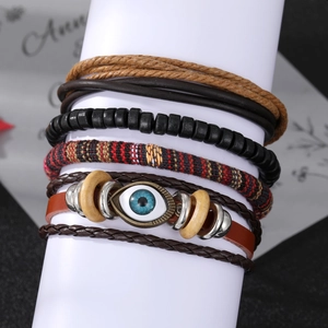Set de pulseras retro multicapa de cuero para hombre con cuentas de madera y ojo turco