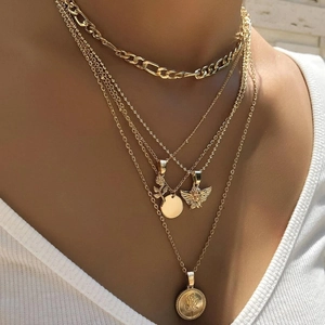 Vintage Alloy Layered Angel Rose Flower Pendant Necklace Set Gold Coin Portrait Rhinestone Artificial Pearl Jewelry For Women