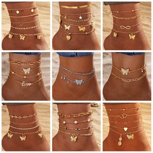 Böhmische Mehrlagige Schmetterling Herz Strass Fußkettchen Set Für Damen Gold Silber Strand Mode Schmuck Quaste Anhänger Fußkette
