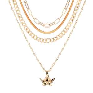 Layered gold necklace set with angel portrait pendant, cuban link and snake chains