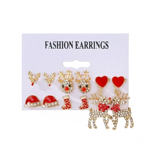 Christmas stud earring set with reindeer, Santa hats and socks in festive red and gold