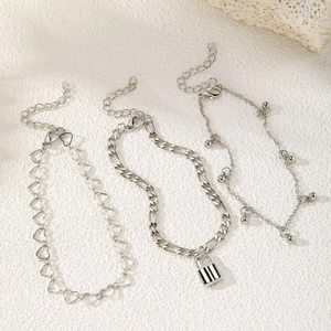 Silver multilayer anklet set with hollow heart chain and lock pendant for women