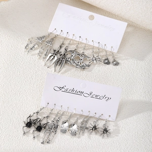 Details von gotischen Silber-Ohrringen mit Totenkopf und Spinnen auf Kartonverpackung