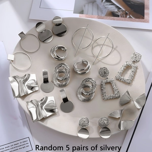 Set of 5 random pairs of silver vintage geometric metal stud earrings for women