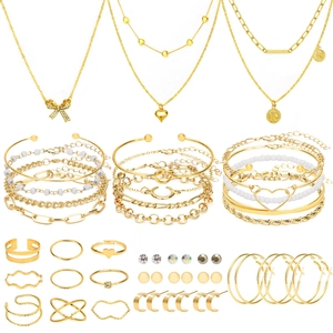 Ensemble de Bijoux en Alliage Doré pour Femmes 49 Pièces Collier Boucles d'Oreilles Bagues Bracelets Künstliche Perles Strass pour Fête