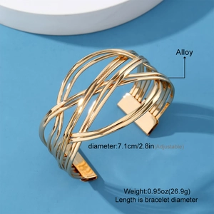 Adjustable golden hollow geometric cuff bracelet with intertwined multi-layer wave design