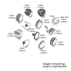 Set de 12 anillos vintage de estilo bohemio con serpientes y piedras azules