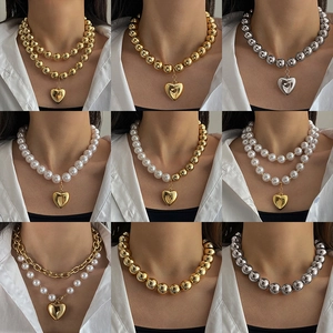 Layered Heart Pendant Necklace Faux Artificial Pearl Beads Chunky Curb Chain Gold Silver Plated Fashion Jewelry For Women Gift