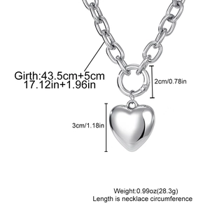 Silver thick link chain necklace with large heart pendant and 43.5cm adjustable length