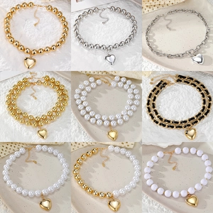 Collar de Varias Capas Vintage Con Colgante de Corazón Oro Plata Aleación Perla Artificial de Imitación Cadena de Metal Regalo Mujer