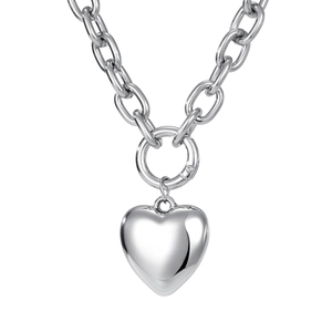 Polished silver chunky chain necklace featuring a 3D heart pendant for women