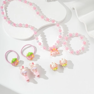 8-teiliges niedliches rosa Kinderschmuck-Set mit Perlenkette und Bären-Haarspangen