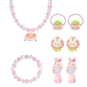 Rosa Erdbeere Kinder Schmuckset mit Halskette Armband und Haarspangen aus Harzperlen