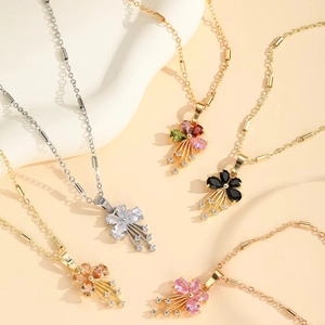 Fashion Bow Knot Flower Tassel Pendant Necklace Copper Gold Plated Zirconia Elegant Lightweight Neck Chain Jewelry For Women