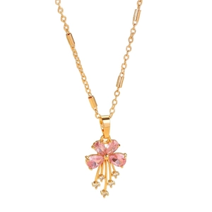 Elegant gold-plated floral pendant necklace with pink zircon petals and long chain tassels