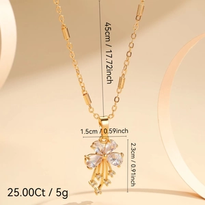 Detailed close-up of gold-plated flower tassel necklace with zircon stones and sizing info