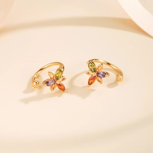 Elegant gold-plated flower ear cuff with colorful marquise-shaped cubic zirconia stones